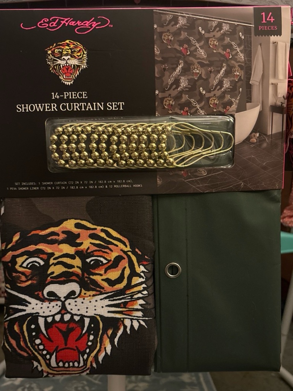 Ed Hardy Green & Multicolor Tiger Shower Curtain Set